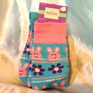 TEAL & PINK Knee high bunny socks w/purple glitter flowers, NWT